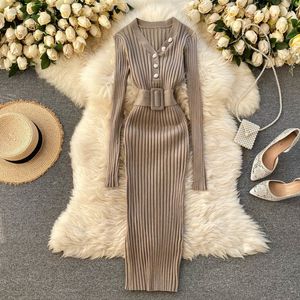 Spring And Autumn Elegant Women's Knitted Dress Waist Belt Slimming Sexy V-Neck Long Sleeve Basic Vintage Female 210514