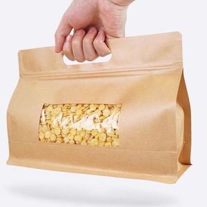 200PCS / Lot Kraft Paper Octagonal Zipper Lock Orgelpåse med handtagsfönster Förpackning Självtätningspåse Torkad te och torkad fruktväska