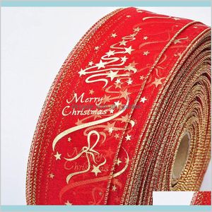 Wrap Event Festliche Partyzubehör Hausgarten Geschenkverpackung 6Dot3X200Cmroll Rot- und Golddruck Weihnachtsbaumdekoration Band Drop D