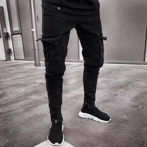 Skinny Jeans för män Slim Pencil Byxor med flera fickor 2021 Svart Ny Man Overall Street Hip-Hop Moto Bike Kläder Jeans X0621