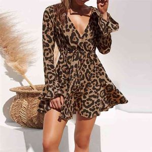 Letnia Szyfonowa Sukienka Kobiety Leopard Drukuj Boho Beach Dresses Casual Wzburzyć Z Długim Rękawem A-Line Mini Party Dress Vestidos 210419