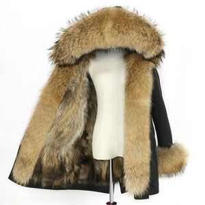 防水パーカーウィンタージャケット女性の本物の毛皮のライナーコート大きなナチュラルアライグマの毛皮フード厚い暖かい長いパーカーストリートウェア211129