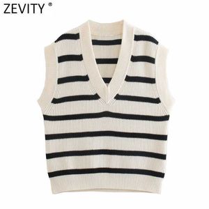 Zevity Spring Women Vintage Striped Mönster Casual Loose Vest Sweater Lady V Neck Ärmlös Waistcoat Chic Pullovers Tops SW701 210603