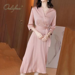 Summer Elegant Women Satin Silk Shiny Belted Party Pink Midi Dress Plus Size XXXL 210415
