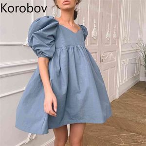 Korobov New Fashion Summer Solid Vintage Dress Donna Scollo a V Manica a sbuffo ALine Abiti in cotone a vita alta Abiti 210430
