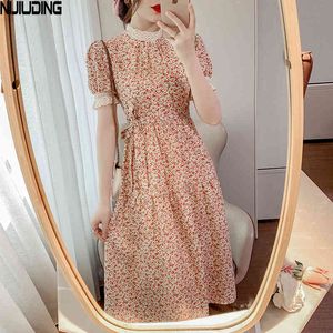 Retro Freach Lace Patchwork Chiffon Dresses Women Summer Short Sleeve O-Neck Up Waist Dress Floral Printed Female Vestidos 210514