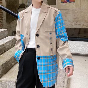 Khaki Vintage Fashion Hip Hop Suit Jacket Men Broken Edge Metal Hole Chain Plaid Splice Streetwear Casual Blazers Coat Men's Suits &