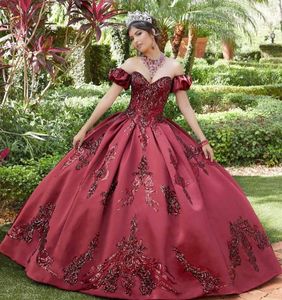 Burgundy Quinceaneraドレス2021プリンセスパーティーボールガウン恋人甘い16レースのアップリケスパンコールvestidos de 15Añosマスカレードガウン