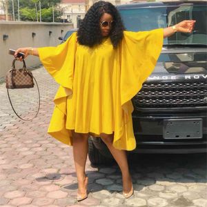 Kadınlar Sarı Gevşek Elbiseler Büyük Boy Bayanlar O Boyun Pileli Batwing Kollu Katı Afrika Moda Rahat İlkbahar Yaz Kadın 210416
