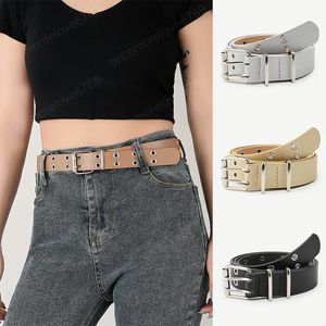 Classic Double Eyelet Grommet Kvinnor Midja Bands PU Läder Justerbar Kvinnlig Midja Bälten Silver Square Buckle Straps Jeans Byxor