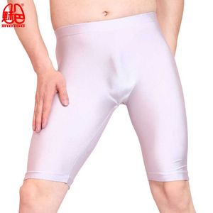 Sexy Men Oil Shiny Lycra Middle Pants Seamless Solid U Convex Pouch Half-Length Boxers Gay Wear Long Leg Underpants Dance Corset X0628