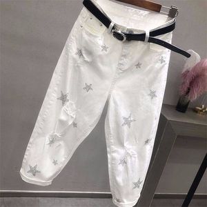 Primavera Outono Coreia Moda Mulheres Branco Calças de Jeans High Cintura Do Vintage Hole Solto Denim Calças Casuais Ankle-Comprimento Harem Calças D436 210715