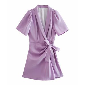 Evfer Sprintシックな女性Vネックブレザースタイル紫色のミニドレス女性のファッション結び目弓ハイウエスト半袖ドレス210421