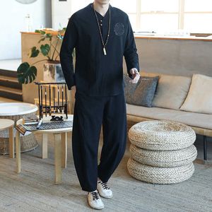 5XL Mäns Set Casual Suit Bomull Linängskjorta + Ankelbyxor 2 Pieces Sets Oversize Men T-shirt Man 2021 Sommar Tracksuit XXXXXL Y0831