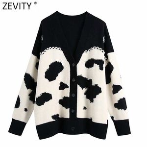 Zevity Women Vintage V Neck Animal Pattern Crochet Cardigans Knitting Sweater Female Chic Long Sleeve Contrast Color Tops S703 210603