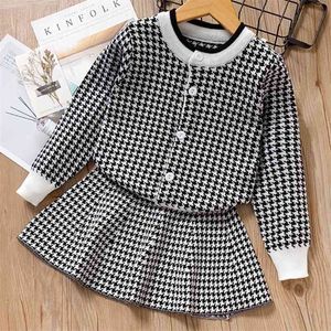 Dziewczyny Jesień Dress Winter Dzieci Dziewczyna Party Długi Rękaw Dziana Top + Spódnica Plaid Cute Dzieci Knitwear 2 sztuk 210429