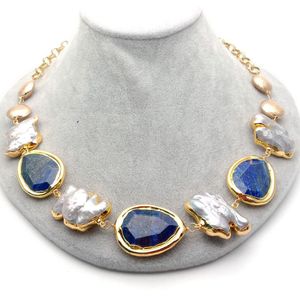 YYGEM 21'' natural Blue Lapis chunk Grey Keshi Pearl Yellow Gold color Chain choker Necklace classic for women