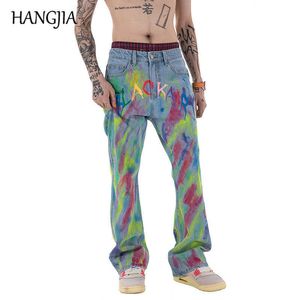 Hip Hop Pintados à Mão Graffiti Flare Jeans Harajuku Harajuku High Street Slim Fit Flare Calças Jeans Mens Moda Lavada Denim Pant Mulheres C0607