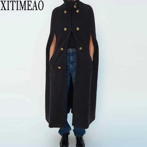 Za kobiety retro styl przycisk dekoracji długi bat cape woolen płaszcze jesień zima luźna płaszcz kobieta moda czarna odzież wierzchnia 210602