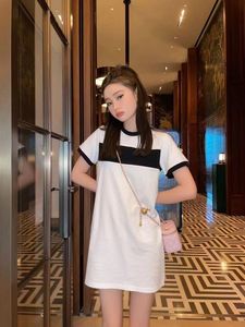 The New Casual Dress With Embroidery Letter Black and White Color Short Sleeve T - Shirt Skirt Female Net Red Small Fragrant Wind Show Thin Round Collar