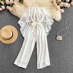 Women White Jumpsuit Fashion Summer Strapless Irregular Ruffles Sash Lace-up Wide Leg Long Pants Casual Beach Overalls 210603