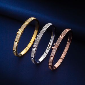 Wholesale brass plating steel resale online - Europe America Fashion Style Men Lady Women Brass K Gold Engraved V Initials Pave Diamond Empreinte Bangle Bracelet Q95794 Q95785