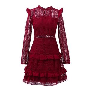 Kanske U Lace Dress Stand Collar Långärmad Ruffle Mini Kort Klänning Vin Röd Svart Solid Vår Höst D0876 210529