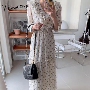 Casual Kleider Yitimuceng Blumendruck für Frauen Sommer Frühling 2021 Rüschen Koreanische Mode Midi Kleid Langarm Weiß Schwarz Sommerkleid