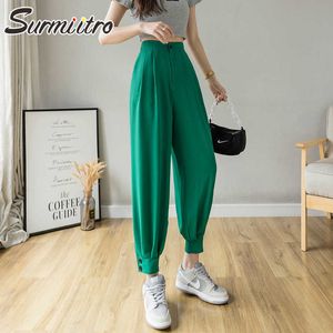Surmiitro Uzun Harem Pantolon Kadın Moda Yaz Kore Tarzı Yeşil Yüksek Elastik Bel Ayak Bileği Uzunluk Pantolon Kadın 210712