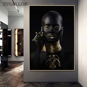 Schwarz und Gold Afrikanische Frau Poster Moderne Wand Kunst Leinwand Malerei Schwarze Frau Drucke Dekorative Bilder Für Wohnzimmer Dekor