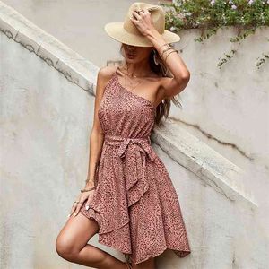 ワンショルダーサマーサンドレスカジュアル女性ビーチパーティードレスヒョウプリントピンクVestidos de Mujer Vintage Mini 210427