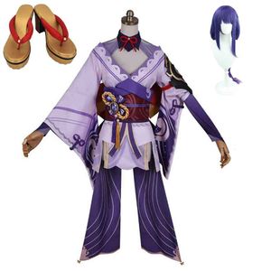 Game Genshin Impact Raiden Shogun Cosplay Costume Dress Uniform Suit Halloween Party Outfit Wig Shoes