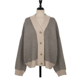 Apricot Striped Sweater Knitted V-neck Long Sleeve Cardigans Single-breasted Autumn M0277 210514