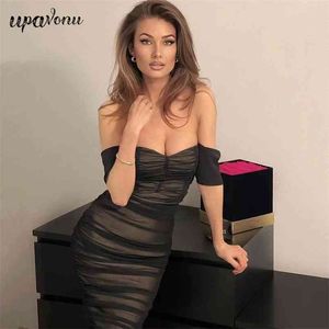 Darmowe kobiety bandaż suknia seksowna karta ramię krótki rękaw bodycon siatki drapowane klub party midi vestidos 210524