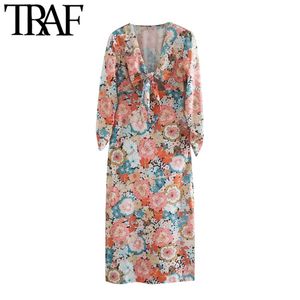 Traf Women Chic Fashion z kokardą związaną kwiatową sukienkę midi vintage v szyja sange sukienki kobiecze mejr 210415