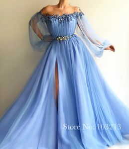 Stunning Crystals Sheer Neck 3D Appliqued Long Prom Gowns Front Slit Long Puff Sleeves Tulle Formal Evening Dress
