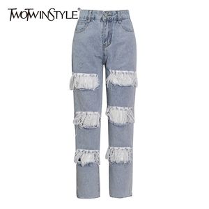 Pantaloni in denim con nappe patchwork scavati per donna Jeans dritti blu casual a vita alta Moda femminile 210521