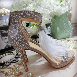 2023 Fashion Feather Wedding Shoes 4 inch High Heel Crystals Rhinestone Bridal Shoes With Zipper Party Sandals Shoes For Women Siz242O