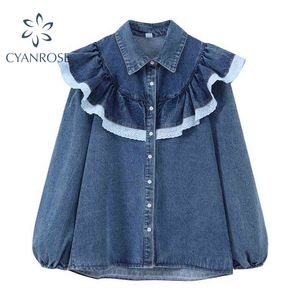 Denim Blouses Coat Ruffle Spliced ​​Women's Cowboy Shirt Jacka Oversized Loose Korean Cardigan Tops Outwear Ins Casual Y2K Trendig 210417