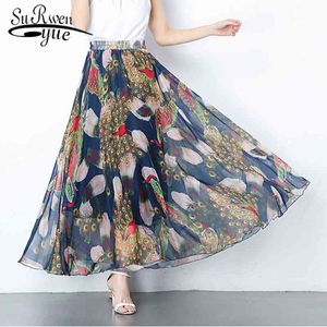 Verão Cintura alta A- Linha Saia Slim Fit Tamanho Grande Impresso Chiffon Bohemian Feriado Big Balanço 8826 50 210427