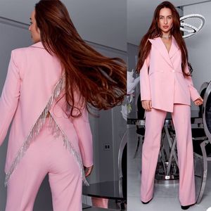 Fashion Design Women Blazer Suits with Beading Tassel Long Sleeve Ladies Formal Pants Suit Prom Party Wedding (jacket+pants)
