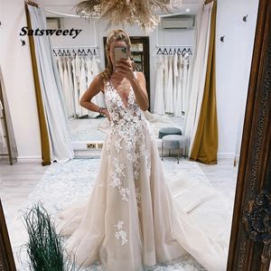 Elegantes A-Linie Brautkleid 2021 V-Ausschnitt Spitze Applikationen rückenfreier Tüll Sweep Zug Hochzeits-Brautkleid Vestidos De Noiva