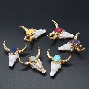 Gold OX Cow bones Head Shape Quartz Healing Reiki Stone Charms Crystal Pendant Finding for DIY Necklaces Women Fashion Jewelry 46x46mm