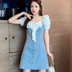 Vintage doce branco bowknot patchwork denim vestido verão mulheres elegante quadrado colarinho sopro manga alta cintura uma linha 210519