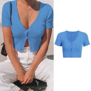 T-shirt da donna estiva manica corta ombelico sexy scollo a V abbottonato top corto in maglia a coste tinta unita basic slim fit spiaggia festa strada