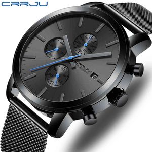 メンズウォッチCrrju高級ビジネス男性ステンレススチール腕時計メンズミリタリー防水防水日付クォーツ時計Relogio Masculino 210517