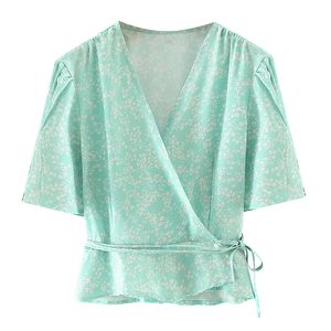 Elegant puff sleeve crop blouse for women Summer Cross V-neck fashion shirt female String chic lady 210430