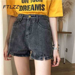 Kobieta Vintage Streetwear Jeans Spodenki Lato Dorywczo Wysokiej Talii Przycisk Fly Proste Denim Kobiety Nogi Niebieski 210525