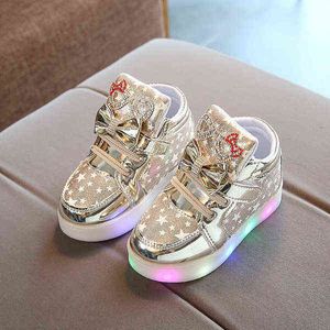 Fashion Girls Sneakers Luminous Princess Children Boots Luminous Casual Girls Baby Toddler Shoes Bow LED Lights Kids Footwear G1126