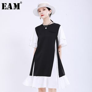 [Eam] mulheres preto contraste cor divisão conjunta vestido em torno do pescoço de manga curta solta faixa de moda primavera verão 1U495 21512